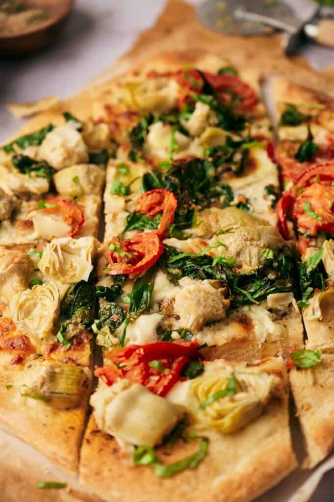 Artichoke heart pizza cooked and ready to eat.