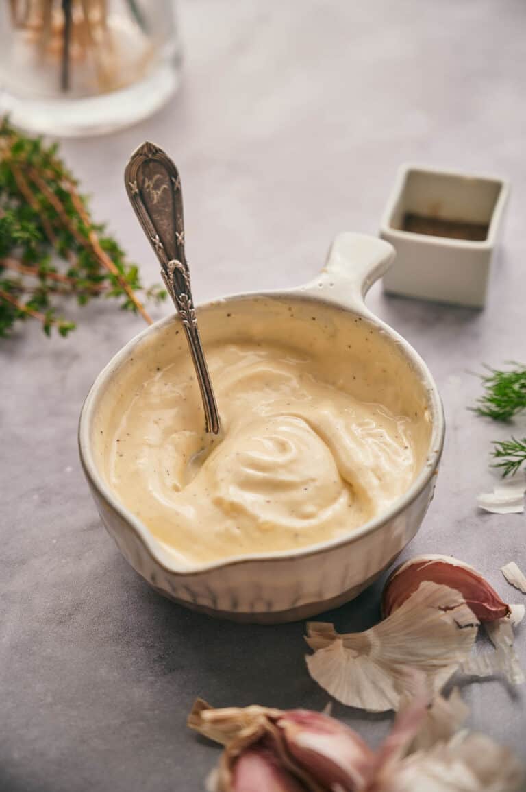 Freshly made garlic aioli in a bowl.
