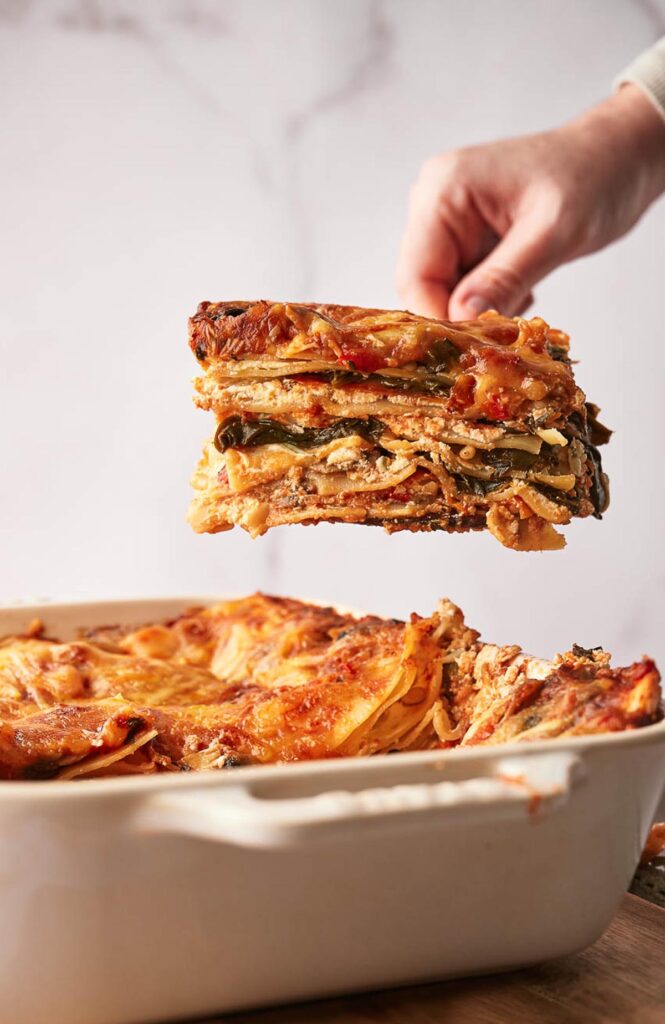 A slice of delicious homemade vegetarian lasagna.