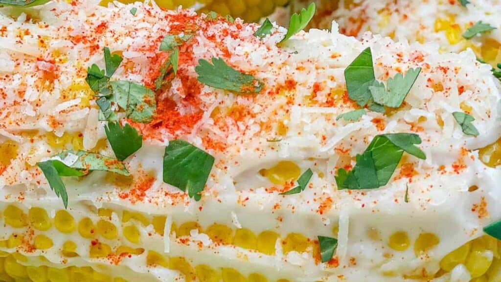 Mexican corn with delicious topping.