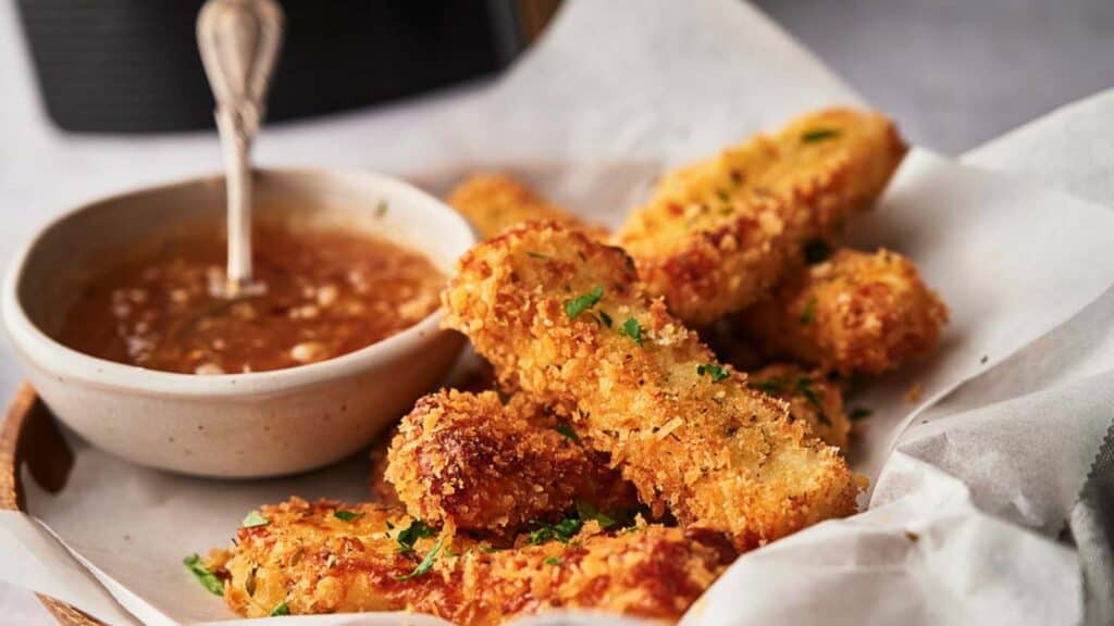 Mozzarella sticks with sweet chili sauce.