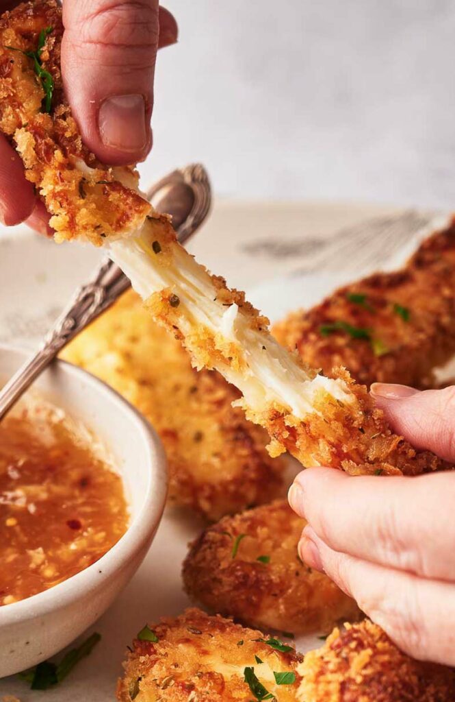 Mozzarella sticks freshly made.