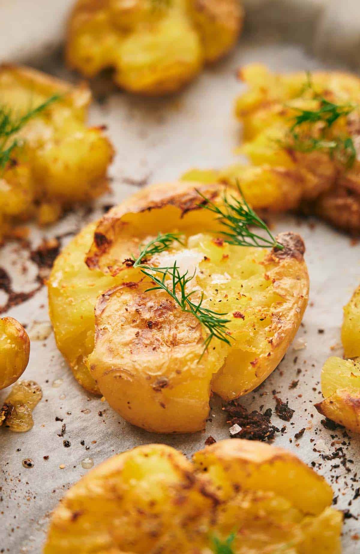 Delicious smashed potatoes fresh out of the oven.