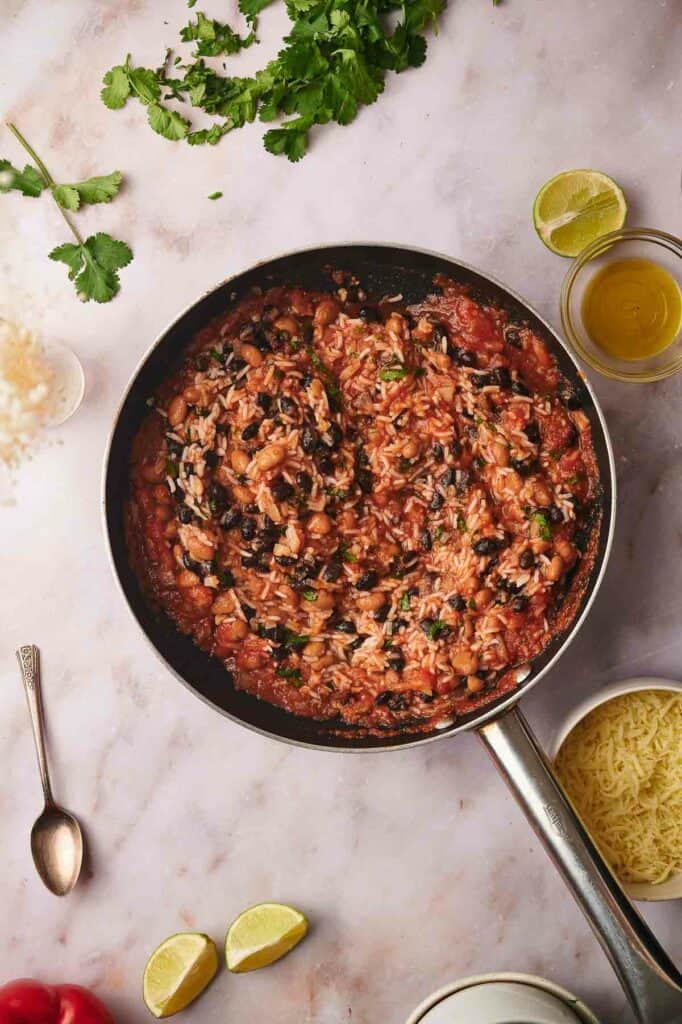 Rice incorporated into the tomato mixture.