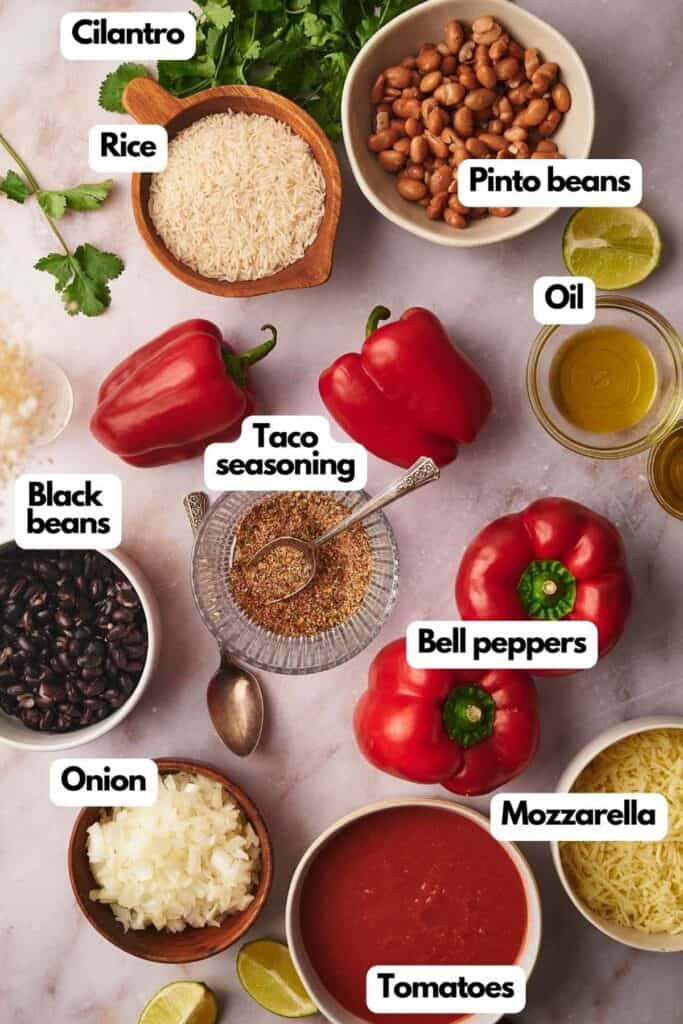 Ingredients needed; fresh cilantro, white rice, pinto beans, olive oil, bell peppers, taco seasoning. shredded mozzarella cheese, chopped tomatoes, diced onion, and black beans.