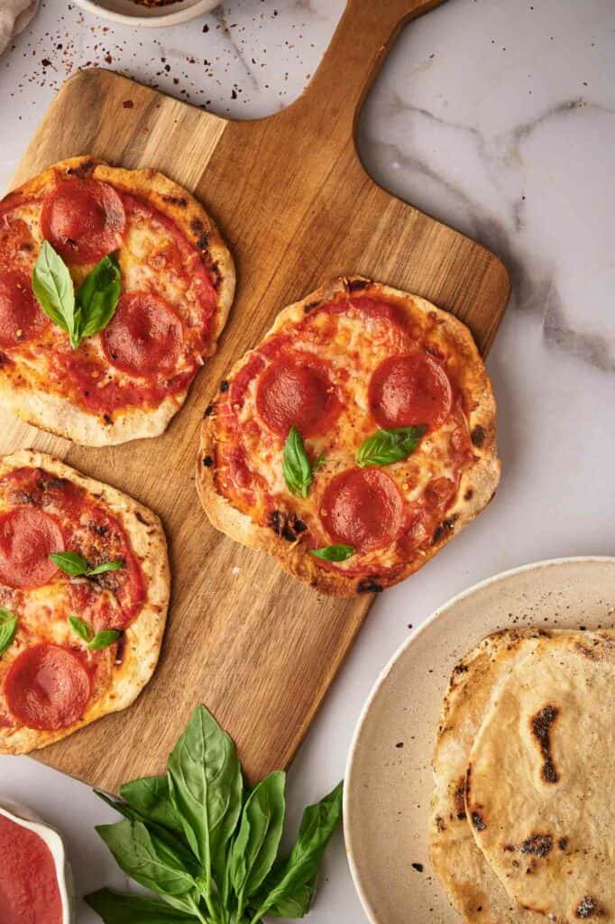 Delicious easy tortilla pizzas ready to eat.