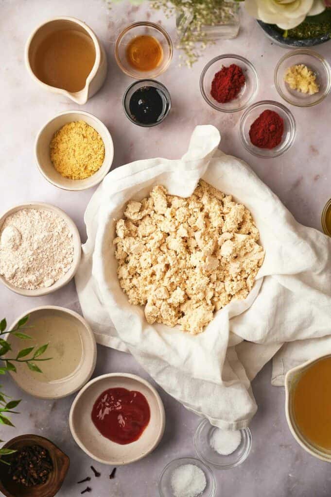 Tofu crumbs in a cheese cloth.