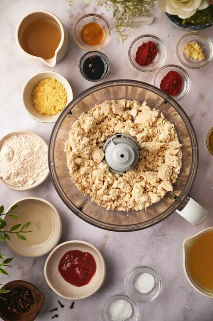 Tofu crumbs in a food processor.