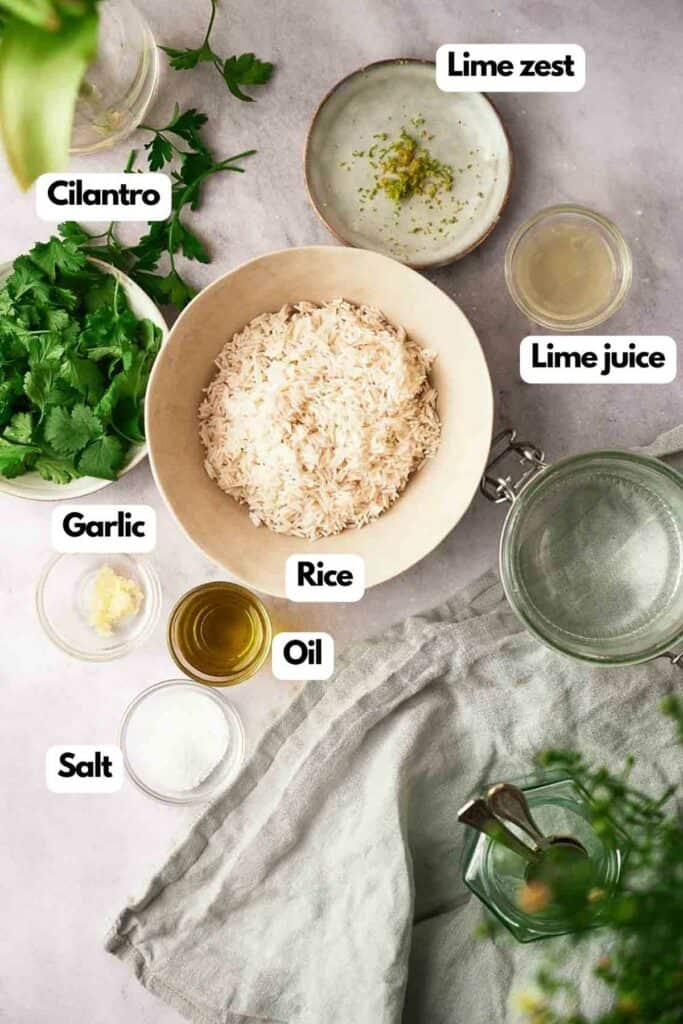 Ingredients needed; fresh cilantro, lime zest, rice, olive oil, salt, and fresh crushed garlic.