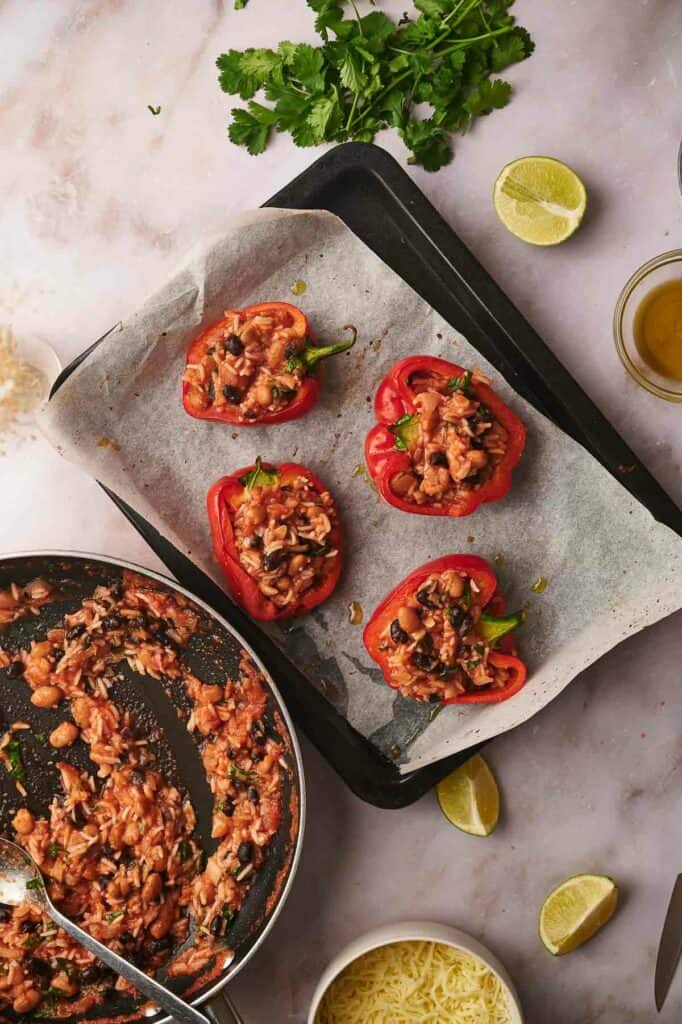 Bell peppers stuffed with rice and bean mixture.
