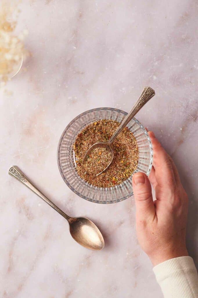 Taco seasoning mixed up in a bowl.