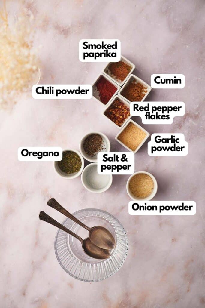 Ingredients needed; smoked paprika, chili powder, ground cumin, red pepper flakes, garlic powder, onion powder, dried oregano, salt, and pepper.