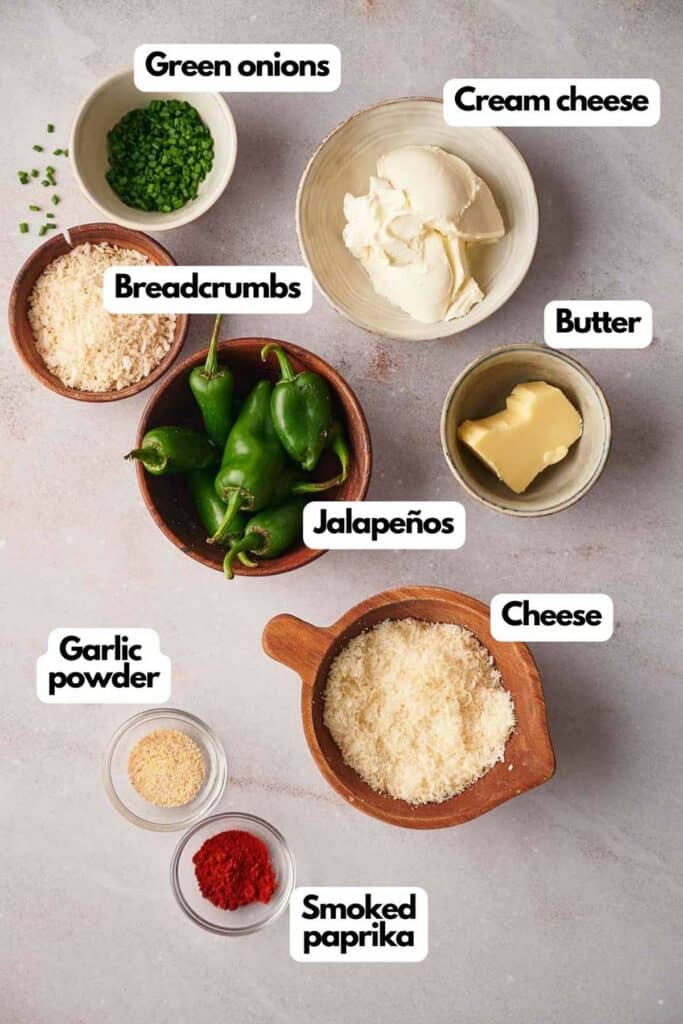 Ingredients needed, green onions, cream cheese, butter, Jalape&ntilde;os, cheese, smoked paprika, garlic powder, and breadcrumbs.