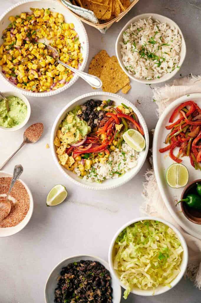 Fajita vegetables, guacamole, chipotle black beans and guacamole all added to the burrito bowl.