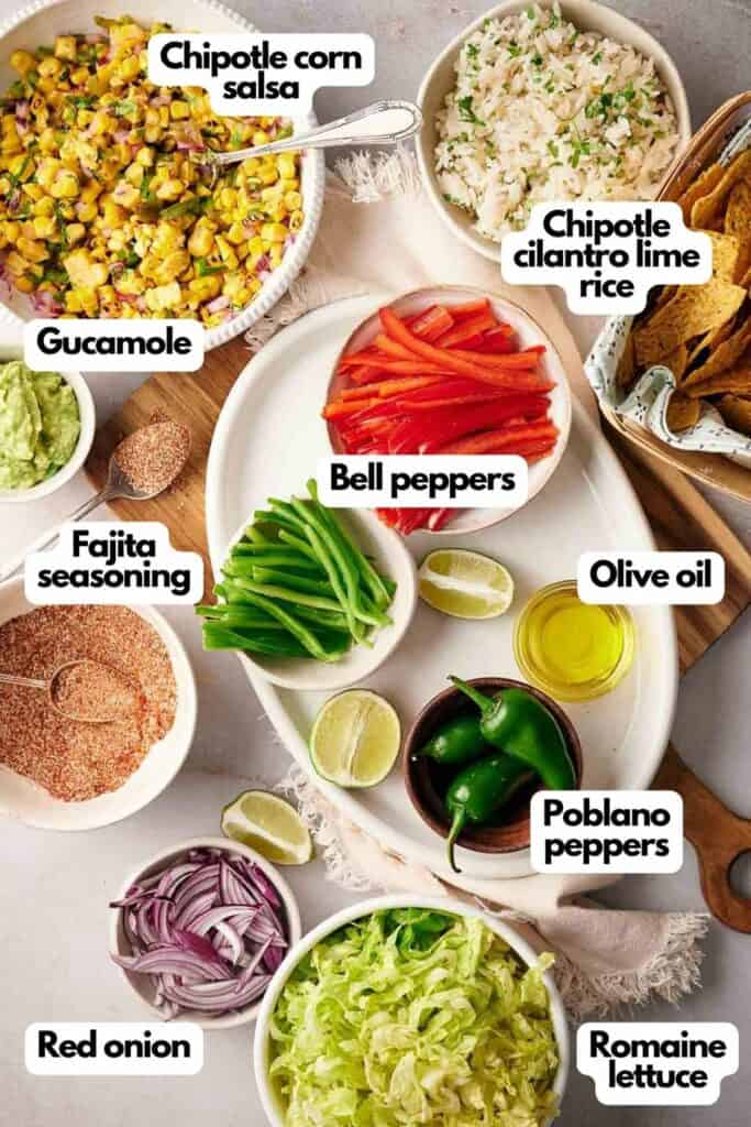 Ingredient shot; Chipotle corn salsa, Chipotle cilantro-lime rice, bell peppers, olive oil, poblano, romaine lettuce, red onion, fajita seasoning, and guacamole.