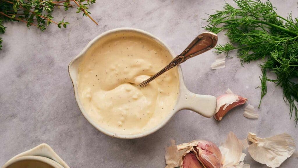 Garlic aioli in a serving bowl with a spoon in.