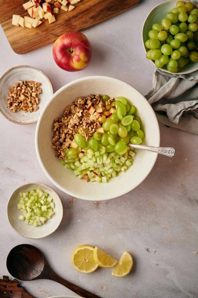 Grapes, celery, and chopped walnuts added to the mayo mix.