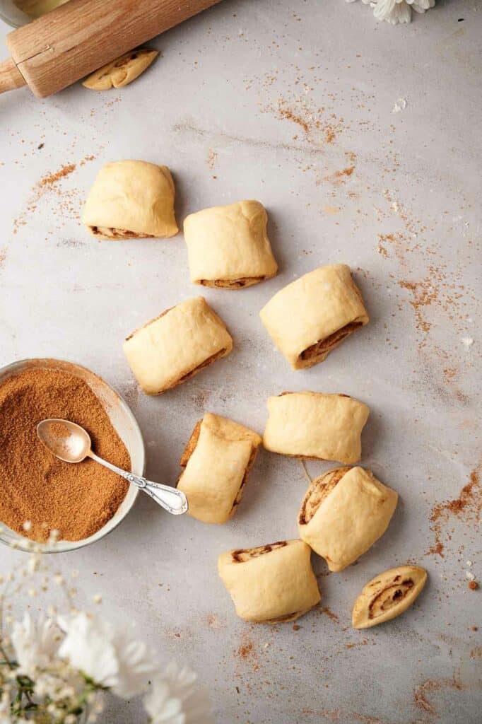 Cinnamon rolls cut into individual pieces.