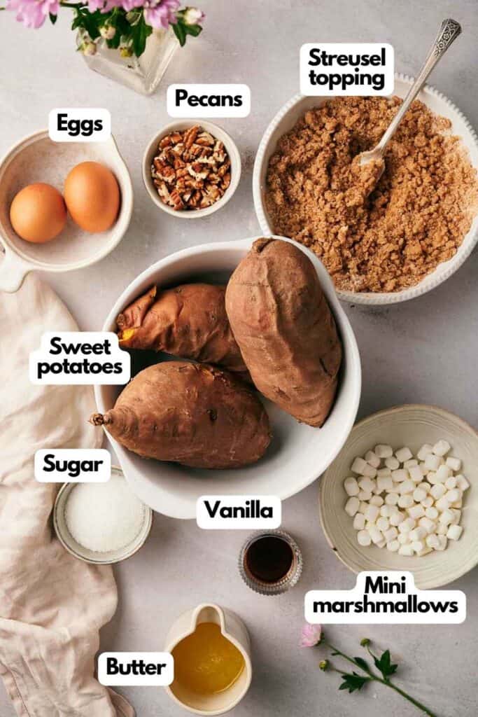 A bowl of ingredients for a sweet potato recipe.