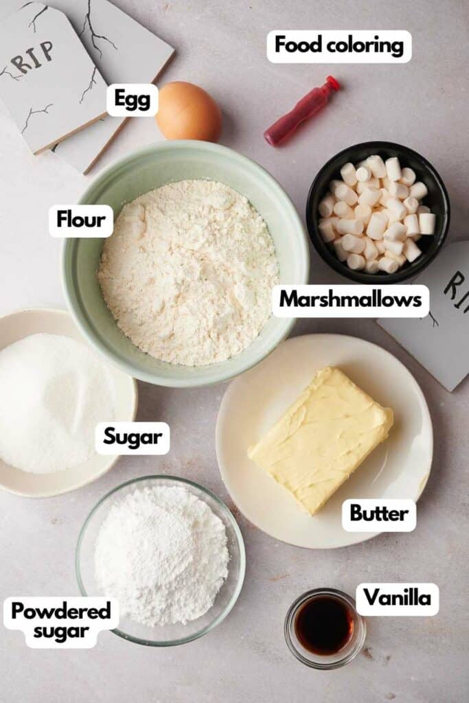 A list of ingredients for a cake.