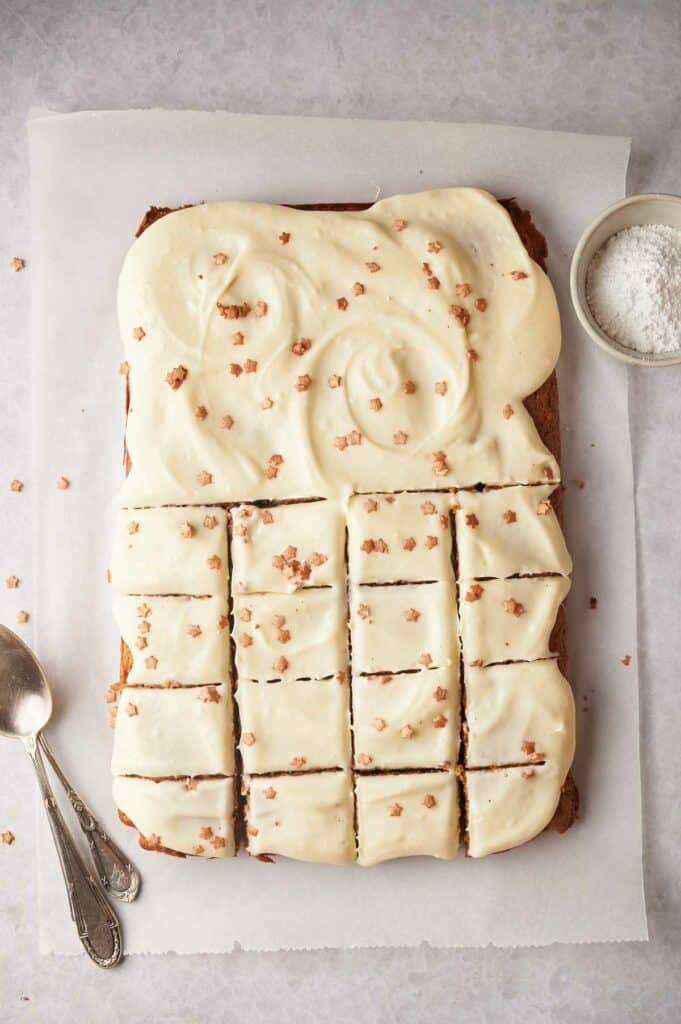 Pumpkin Bars with icing and a spoon on top.