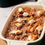 A white dish with air fryer sweet potato casserole in it.