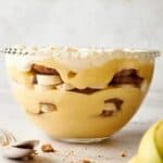 Banana pudding in a bowl with a spoon.