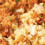 Cauliflower casserole in a white dish.