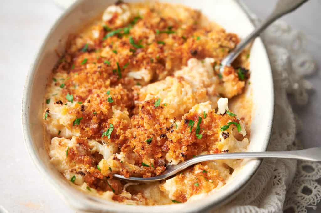 Cauliflower casserole with parmesan and parsley.
