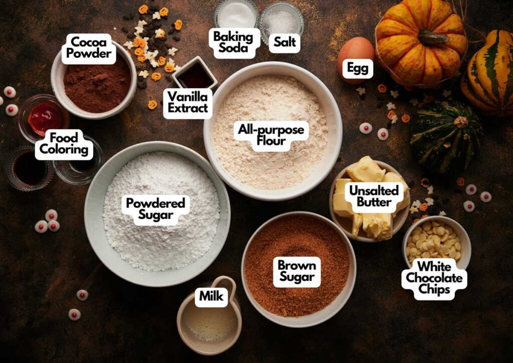 Assorted baking ingredients in labeled bowls and containers, ready to create Whoopie Pie Halloween Monsters—includes flour, sugars, cocoa powder, butter, vanilla, salt, egg, milk, food coloring, and white chocolate chips.