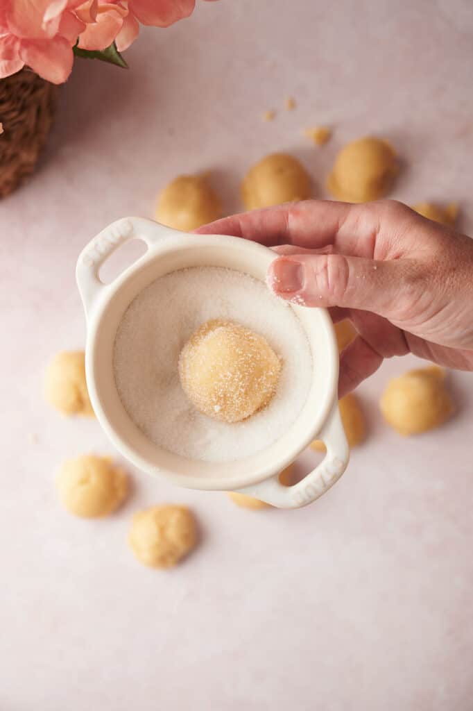 A person holding a bowl of sugar with cookie dough in it.