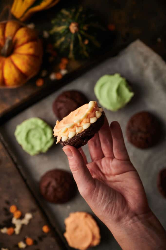 A hand holding a small cookie with frosting on it.