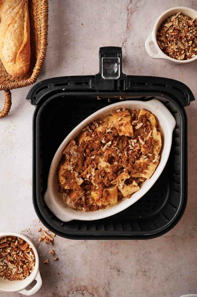 An air fryer French toast bake in a casserole dish.