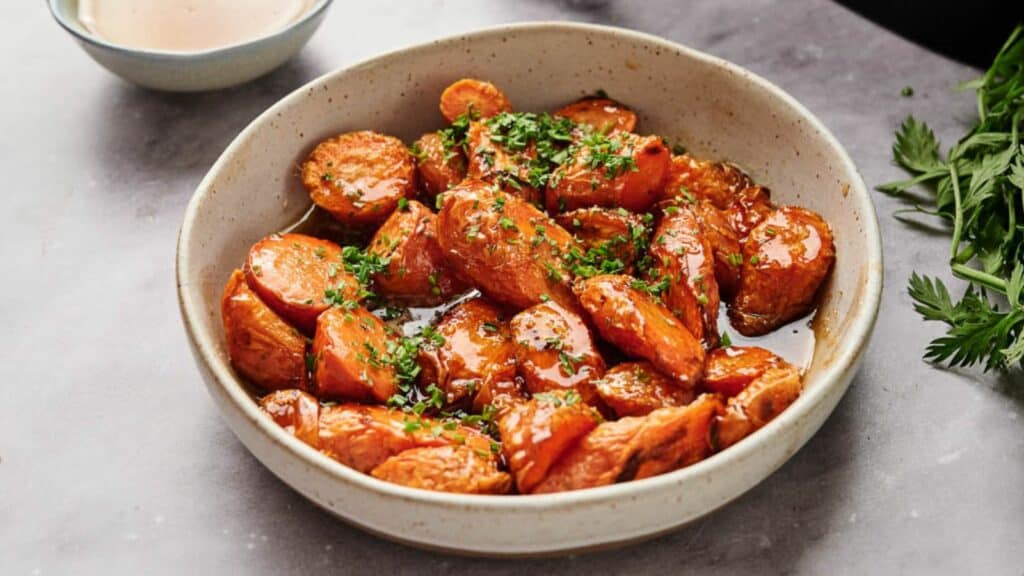 Air fried glazed carrots in a bowl with parsley.