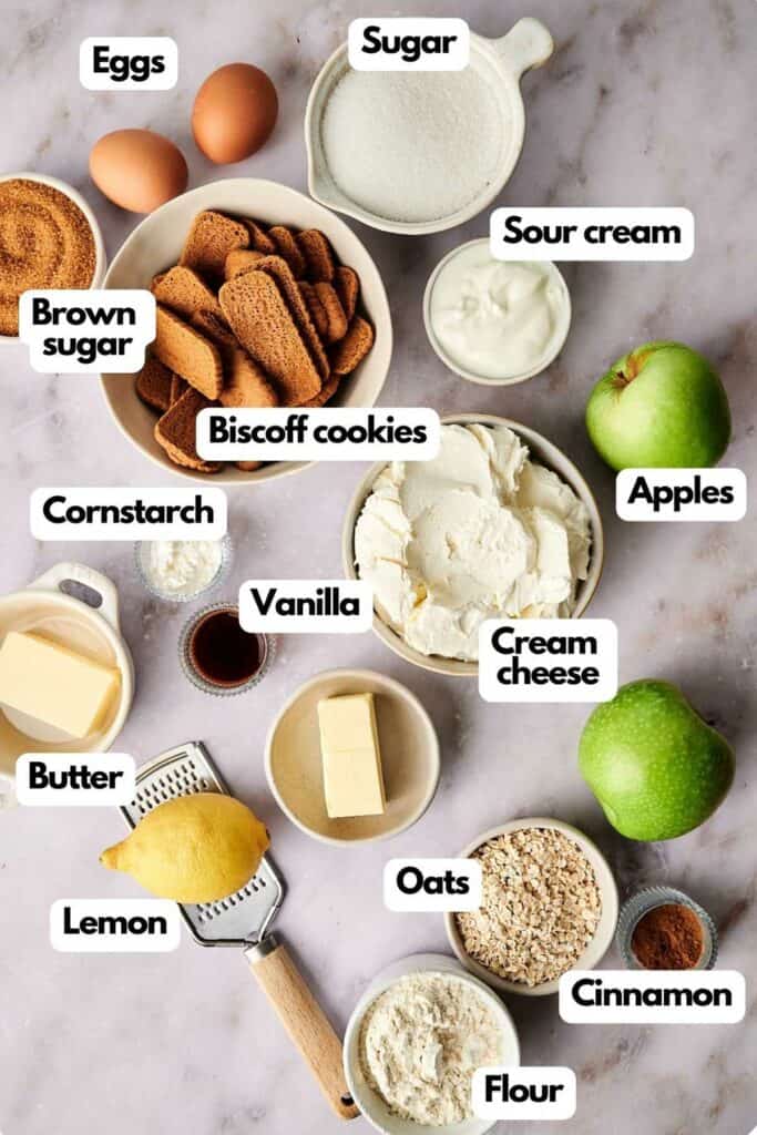 A list of ingredients for a homemade apple pie stuffed cheesecake.