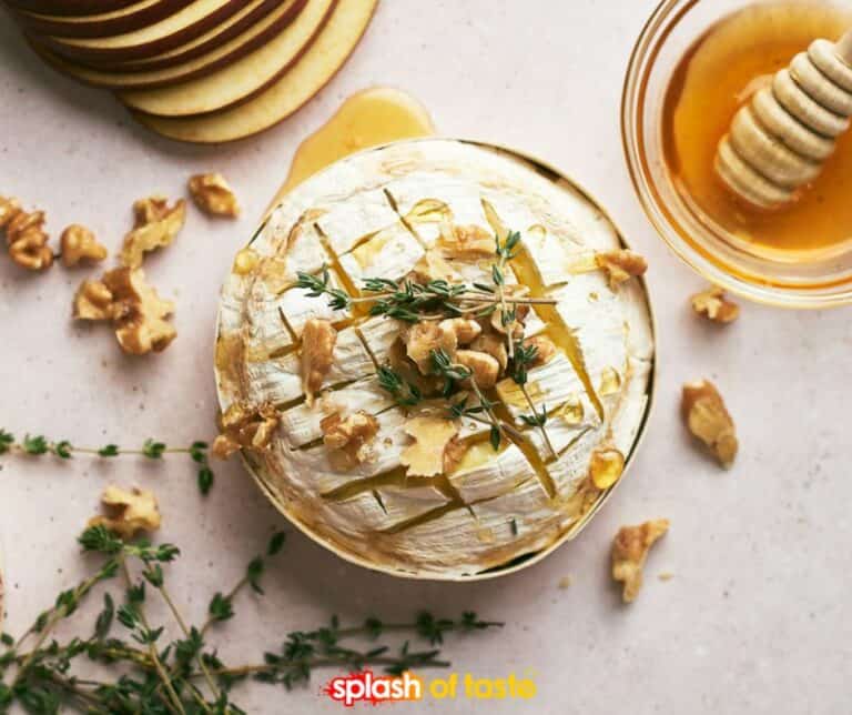 Baked brie with nuts and honey.