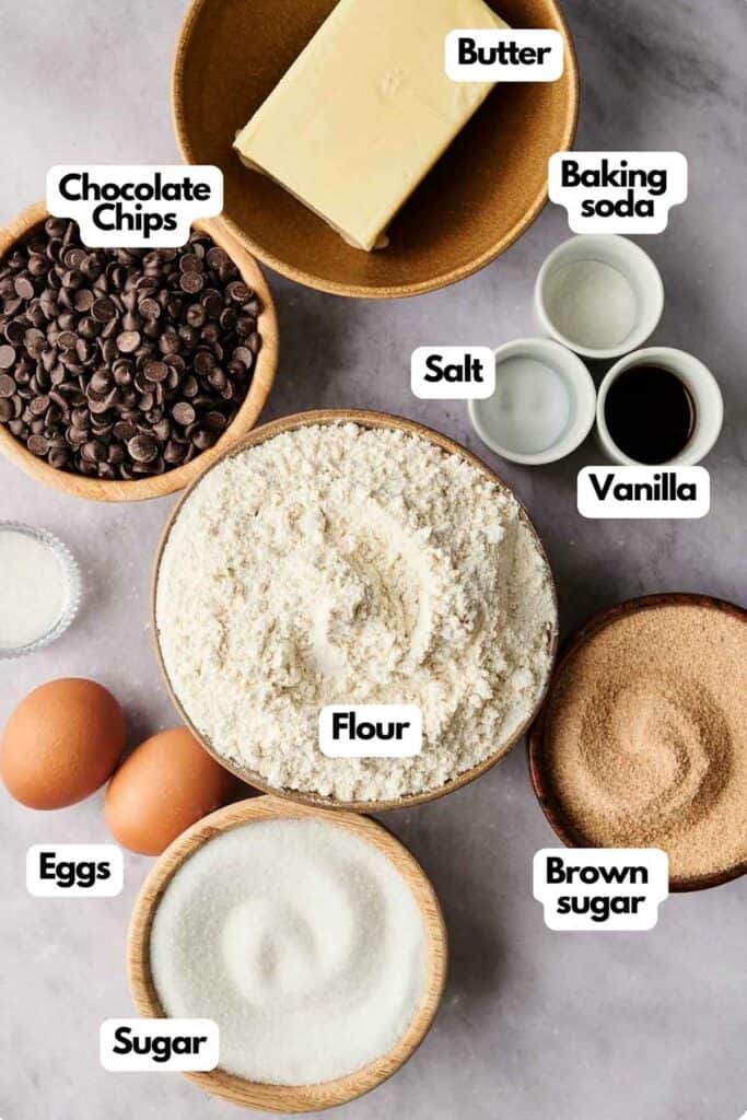 A photo of ingredients for chocolate chip cookies.