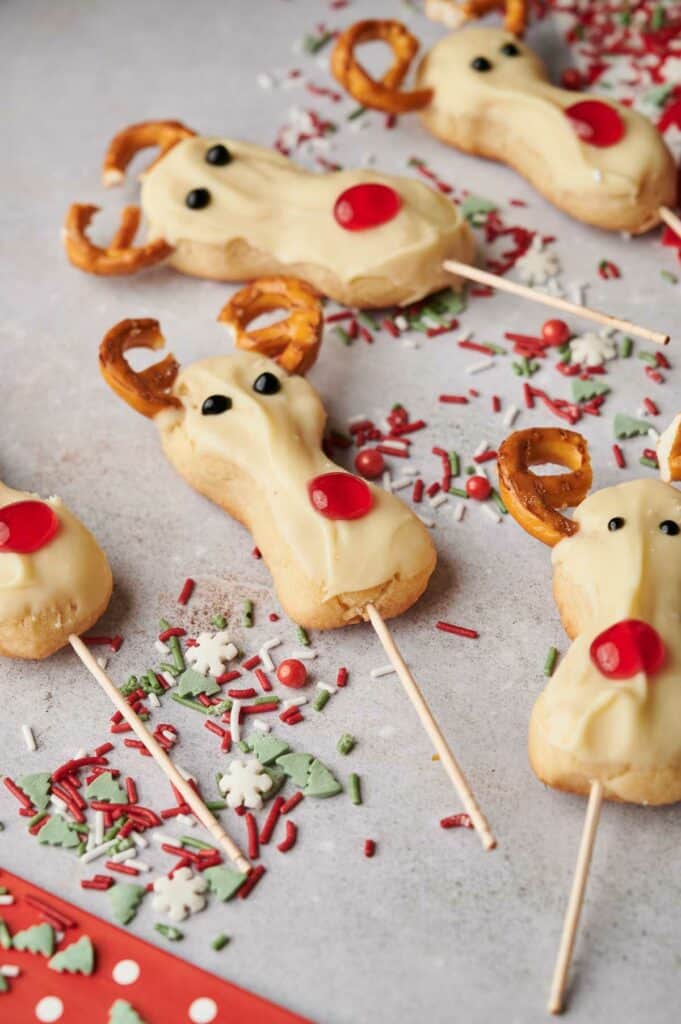 Reindeer cookies on a stick.