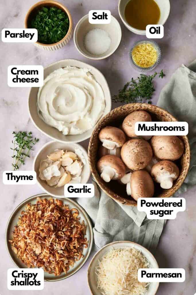 A list of ingredients for a stuffed mushrooms.