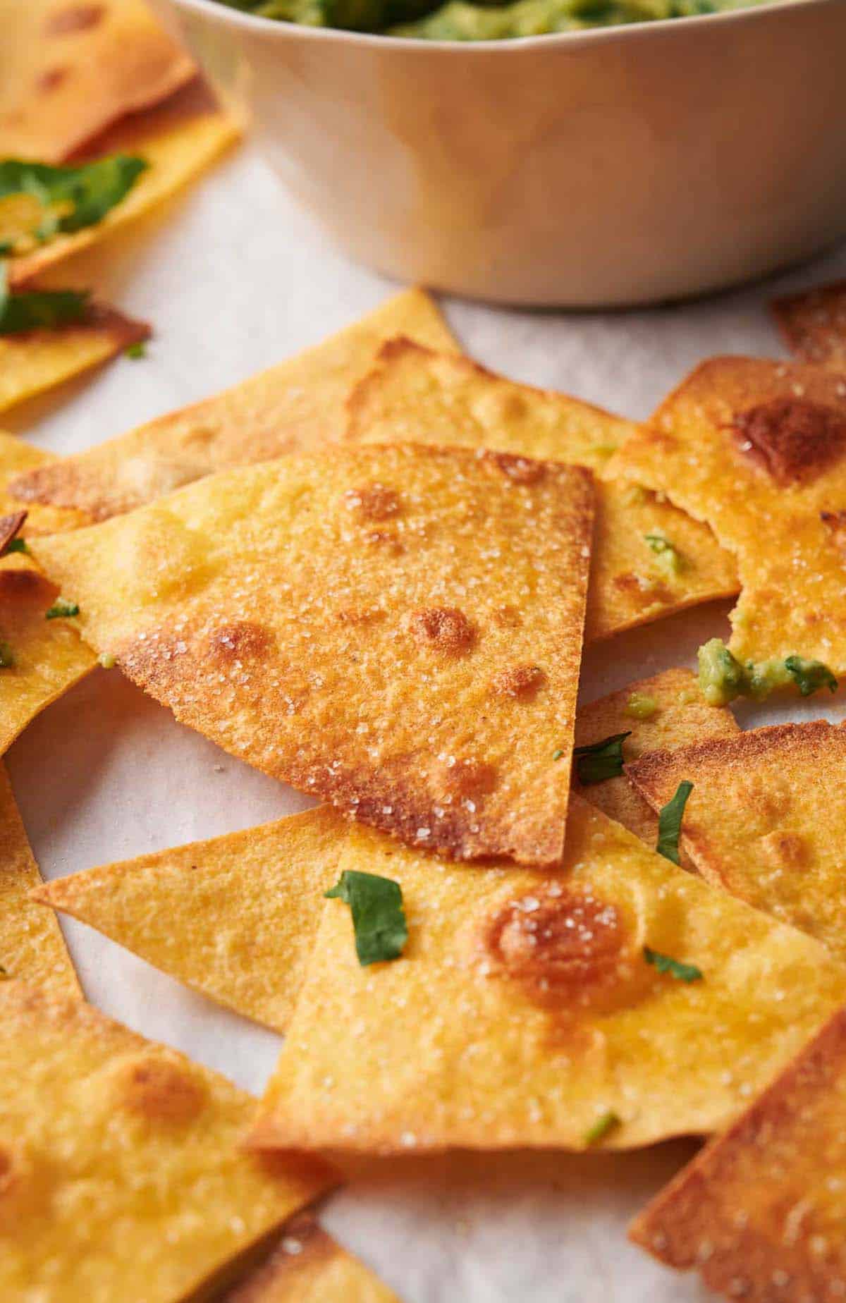 Homemade tortilla chips with guacamole.
