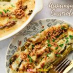Asparagus casserole plated with a fork.