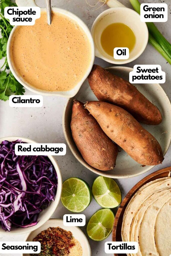 List of Ingredients for sweet potato tacos.