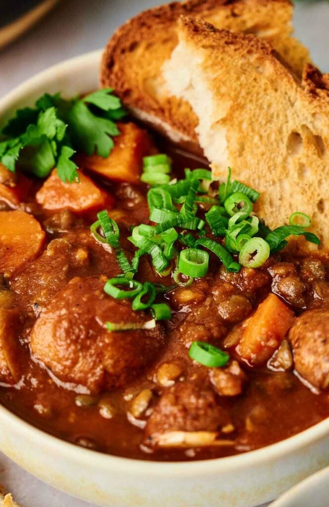 A bowl of vegetable stew.