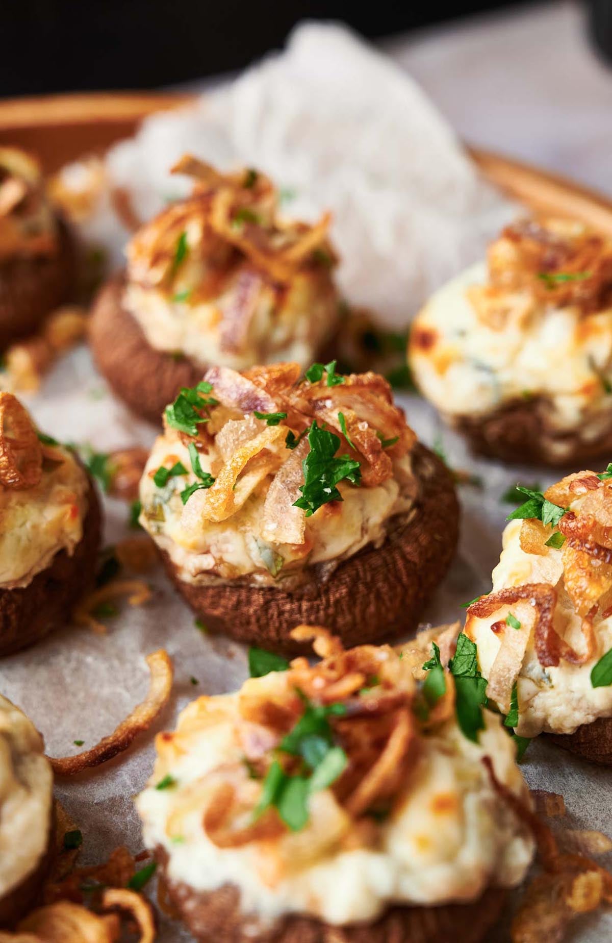A close up of air fryer stuffed mushrooms.