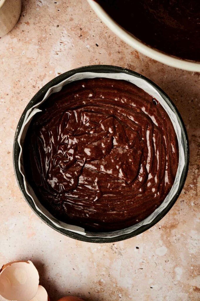 Chocolate cake in a baking dish.