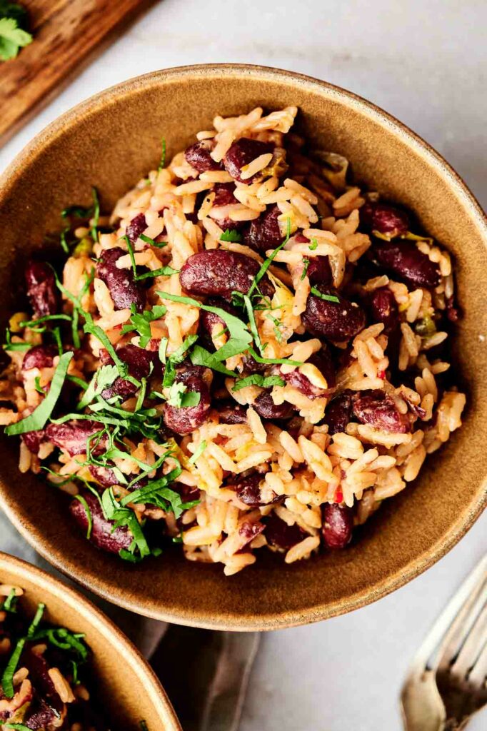 A bowl of Jamaican red beans and rice.