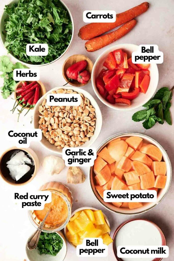 A list of ingredients for a Thai Peanut Curry.
