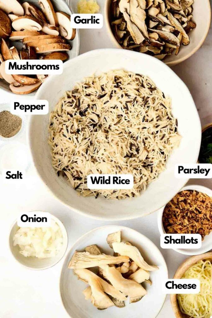 A list of ingredients for a wild rice casserole dish.