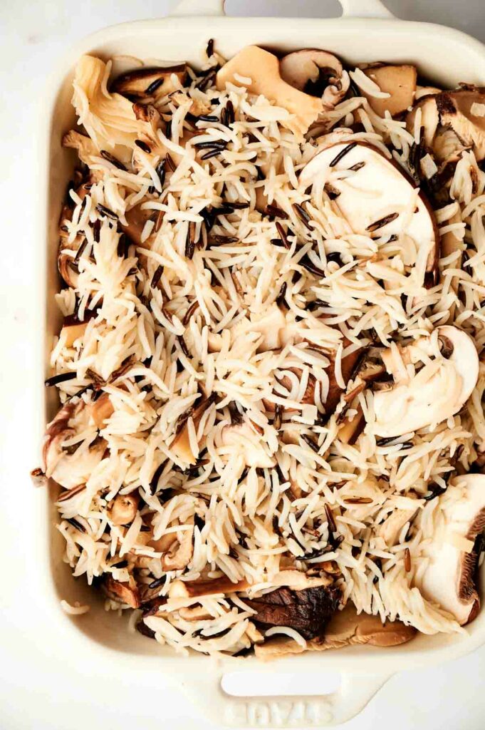 A wild rice casserole filled with mushrooms.