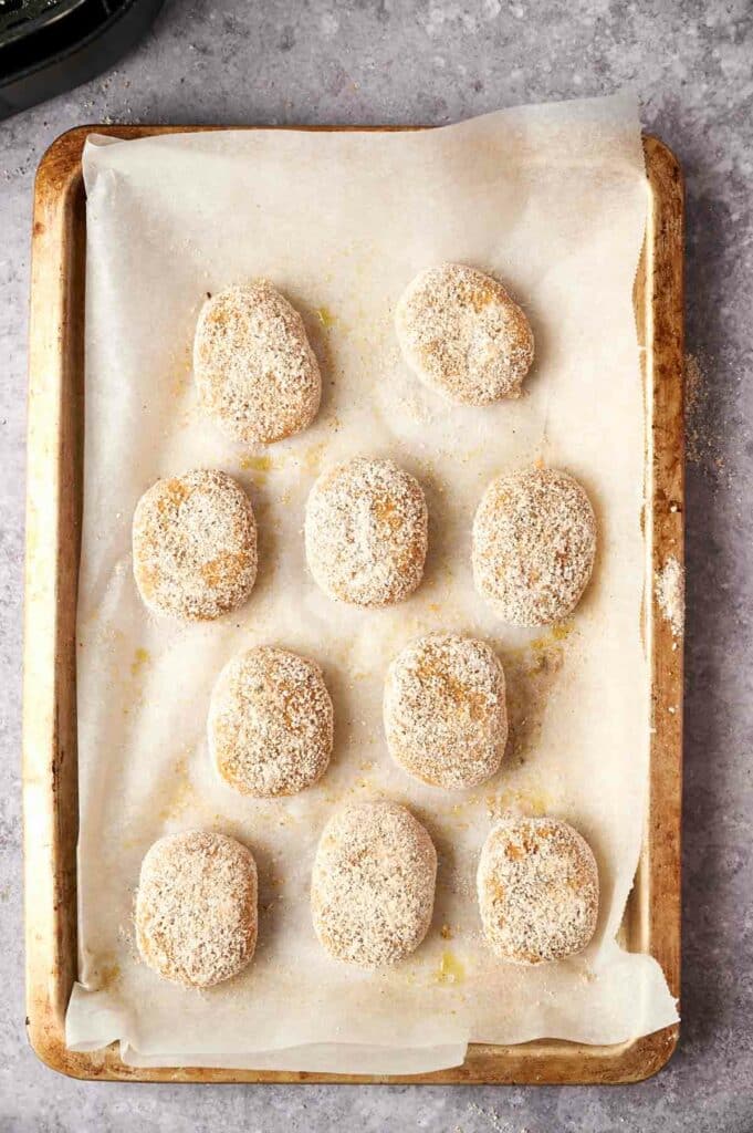 A tray of chickpea nuggets on a surface.
